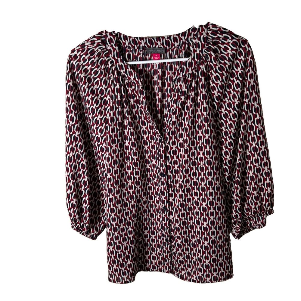 Vince Camuto Blouse Women's Medium Printed V-Neck 3/4 Sleeve Lightweight Top